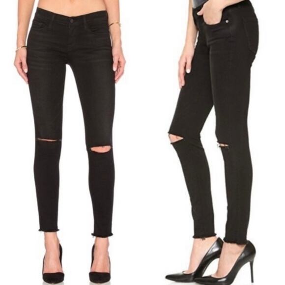 FRAME Le Skinny De Jeanne Distressed Knee Skinny Jeans Black Wash Size 25 - Picture 1 of 9